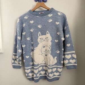 Vintage Medium Cat Crew Neck Sweater Baby Blue Acyclic Winter Retro 90s Hearts